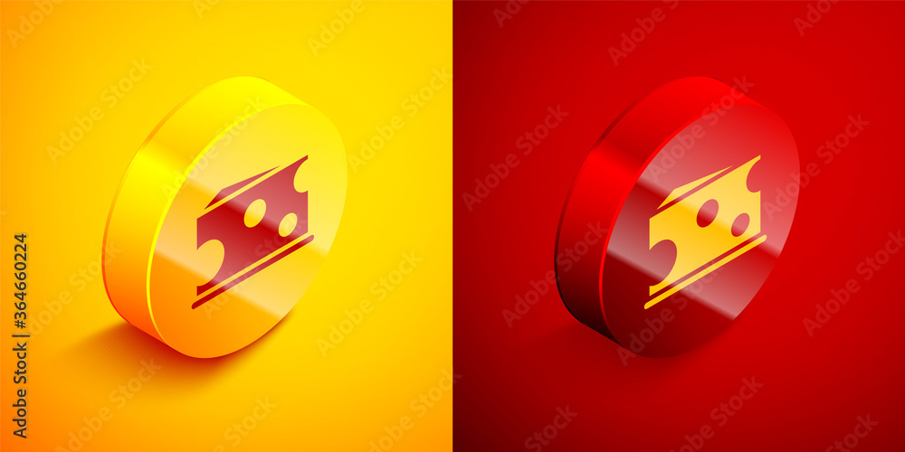 Isometric Cheese icon isolated on orange and red background. Circle button. Vector Illustration. Isometric Cheese icon isolated on orange and red background. Circle button. Vector Illustration.