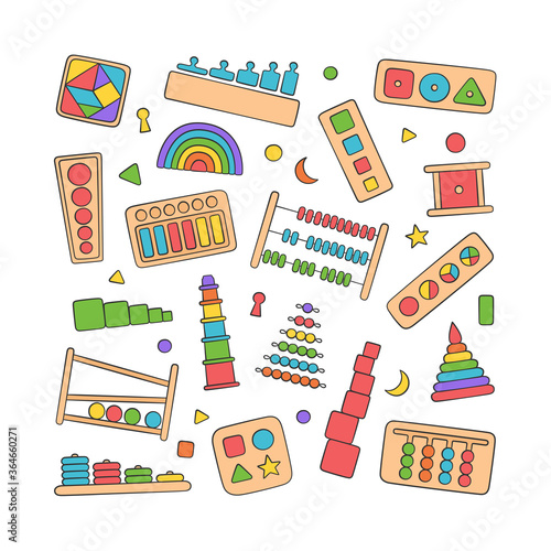 Hand drawn kid toys for Montessori games. Education logic toys for preschool children. Montessori system for early childhood development. Set of vector objects in doodle style on white background
