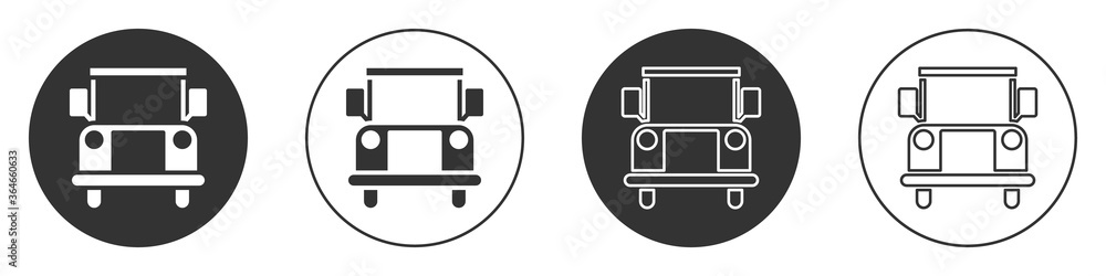 Black School Bus icon isolated on white background. Public transportation symbol. Circle button. Vector Illustration. Black School Bus icon isolated on white background. Public transportation symbol. Circle button. Vector Illustration.