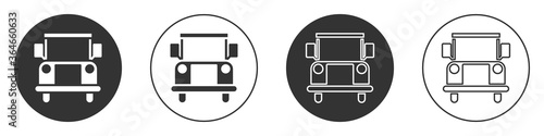 Black School Bus icon isolated on white background. Public transportation symbol. Circle button. Vector Illustration.