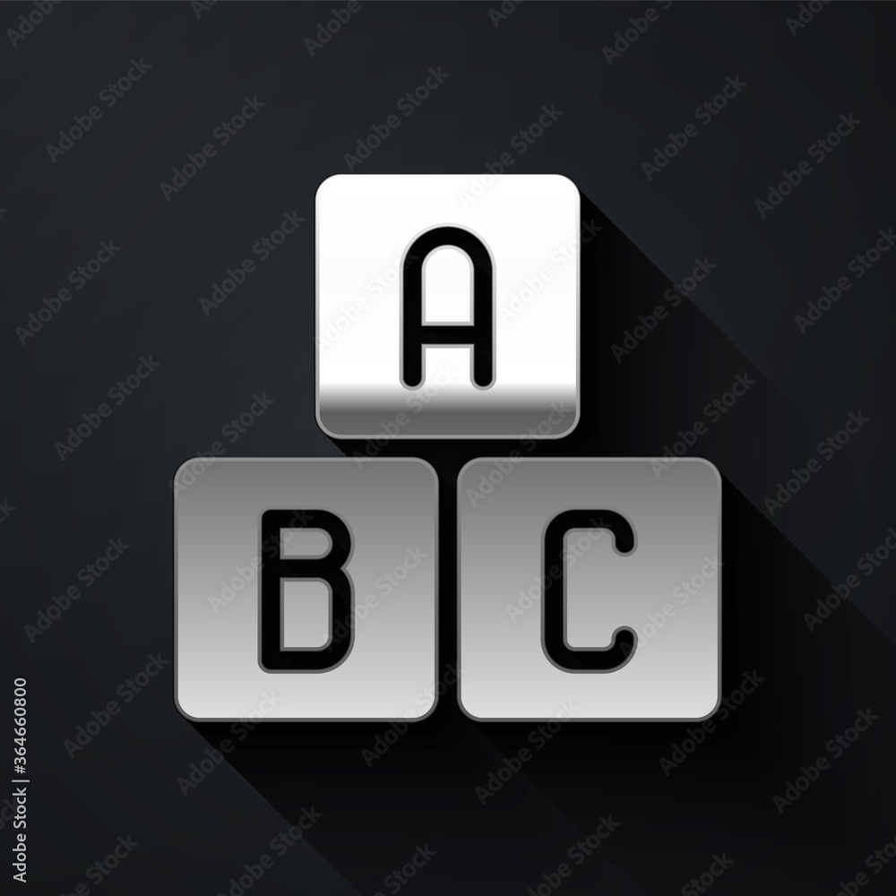 Silver ABC blocks icon isolated on black background. Alphabet cubes with letters A,B,C. Long shadow style. Vector Illustration. Silver ABC blocks icon isolated on black background. Alphabet cubes with letters A,B,C. Long shadow style. Vector Illustration.