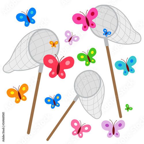 Butterfly nets catching butterflies. Vector illustration