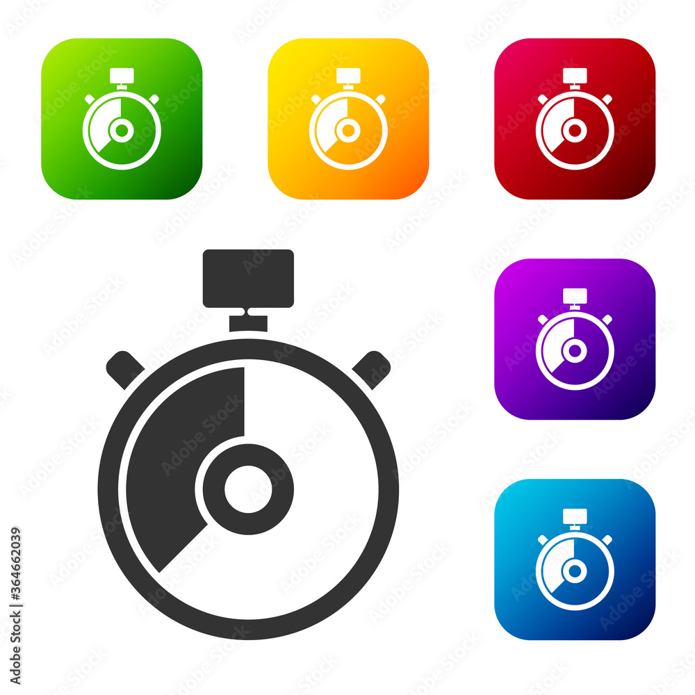 Black Stopwatch icon isolated on white background. Time timer sign. Chronometer sign. Set icons in color square buttons. Vector Illustration. Black Stopwatch icon isolated on white background. Time timer sign. Chronometer sign. Set icons in color square buttons. Vector Illustration.