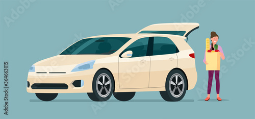 Young woman carry grocery bags in car. Vector flat illustration.