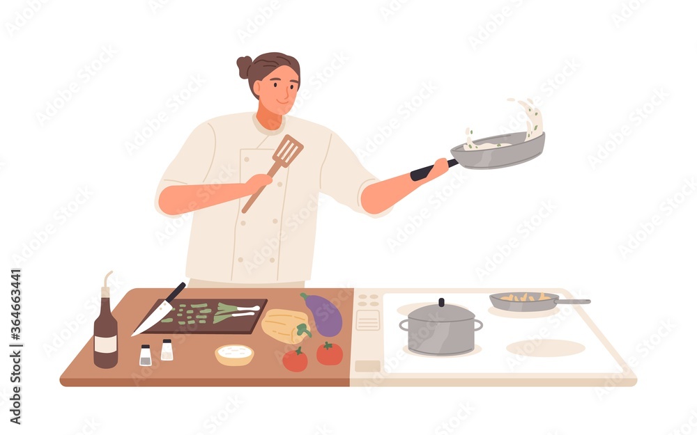 Male professional chef cooking food at kitchen of restaurant vector flat illustration. Smiling man preparing vegetables on stove isolated on white. Happy guy use frying pan to preparation dish Male professional chef cooking food at kitchen of restaurant vector flat illustration. Smiling man preparing vegetables on stove isolated on white. Happy guy use frying pan to preparation dish