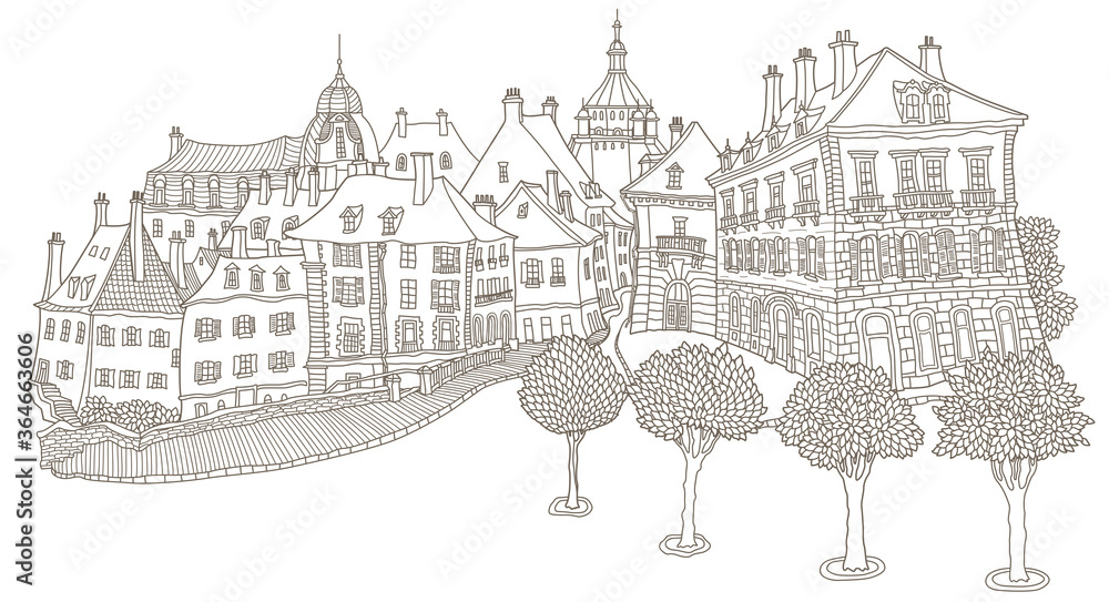 Vector fantasy European urban landscape with medieval old town castle house, fairy tale buildings, paved street. Hand drawn brown and white doodle sketch background. Tee shirt print, travel brochure 