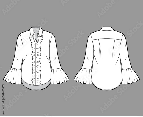 Ruffled shirt technical fashion illustration with sharp collar, voluminous fluted cuffs, long sleeves, oversized body. Flat apparel template front back white color. Women men unisex garment CAD mockup