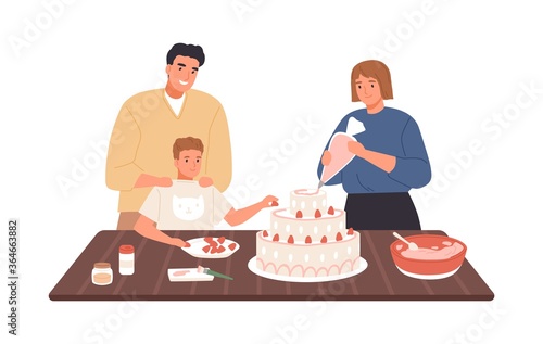 Happy family decorating homemade cake with whipped cream and strawberry vecto...