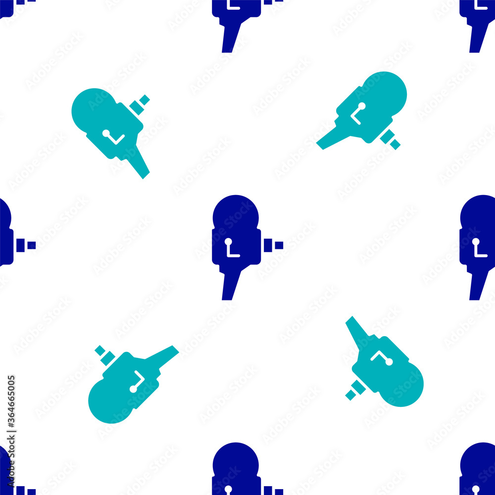 Blue Retro cinema camera icon isolated seamless pattern on white background. Video camera. Movie sign. Film projector. Vector Illustration. Blue Retro cinema camera icon isolated seamless pattern on white background. Video camera. Movie sign. Film projector. Vector Illustration.