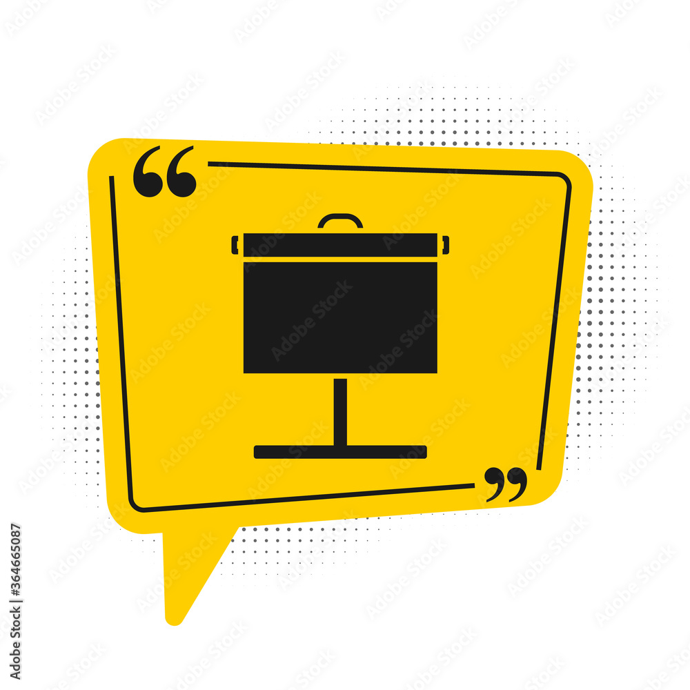 Black Projection screen icon isolated on white background. Business presentation visual content like slides, infographics and video. Yellow speech bubble symbol. Vector Illustration.