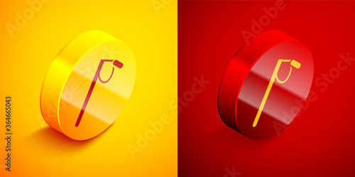 Isometric Microphone icon isolated on orange and red background. On air radio mic microphone. Speaker sign. Circle button. Vector Illustration.