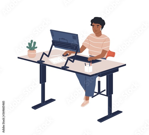 Smiling black skin female employee sitting at modern ergonomic workplace vector flat illustration. Joyful woman working at computer isolated on white. Contemporary office adjustable furnituring