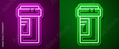 Glowing neon line Medicine bottle icon isolated on purple and green background. Bottle pill sign. Pharmacy design. Vector Illustration.