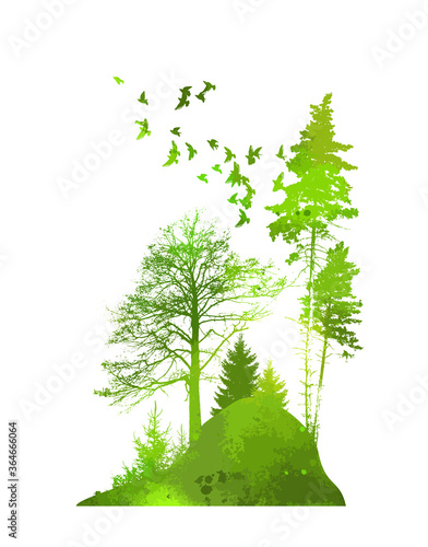 Landscape nature green trees on the hill. Vector illustration