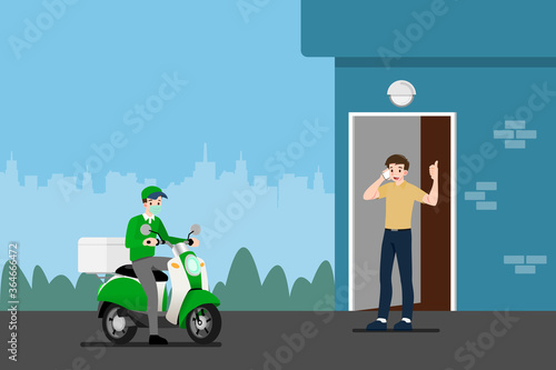 Safe at home delivery during coronavirus covid-19 crisis epidemic. A Man who wear mask and gloves delivering a parcel to a man customer and leaving the box at a safe distance.