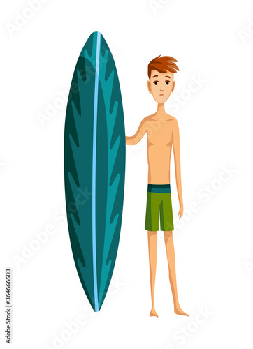 Summer beach activities. Guy standing with surfboard. Beach vacation. Cartoon style