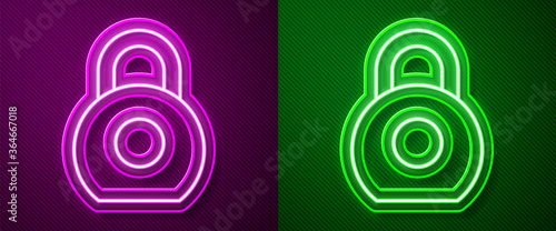 Glowing neon line Kettlebell icon isolated on purple and green background. Sport equipment. Vector Illustration.