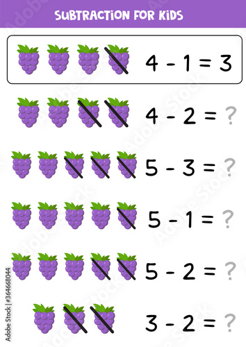 Subtraction for kids with cute cartoon grapes.