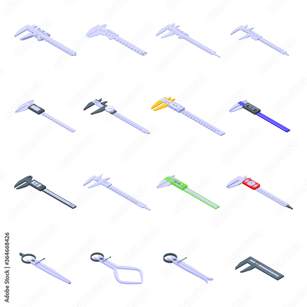 Calipers icons set. Isometric set of calipers vector icons for web design isolated on white background Calipers icons set. Isometric set of calipers vector icons for web design isolated on white background