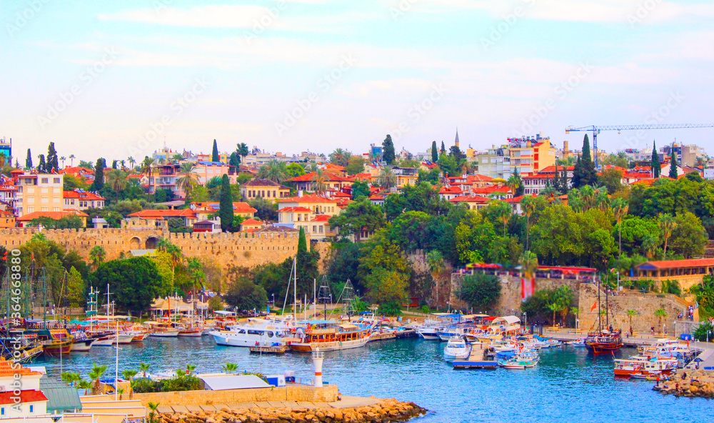 Antalya old town Kaleici and city port view 
