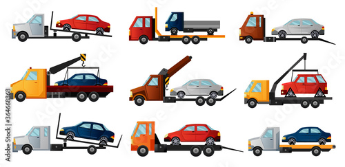 Collection of tow trucks. Cool flat towing trucks with broken cars. Road car repair service assistance vehicles with damaged or salvaged cars