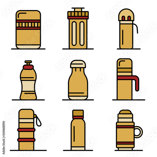 Vacuum insulated water bottle icons set. Outline set of vacuum insulated water bottle vector icons thin line color flat on white