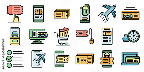 Online tickets booking icons set. Outline set of online tickets booking vector icons thin line color flat on white