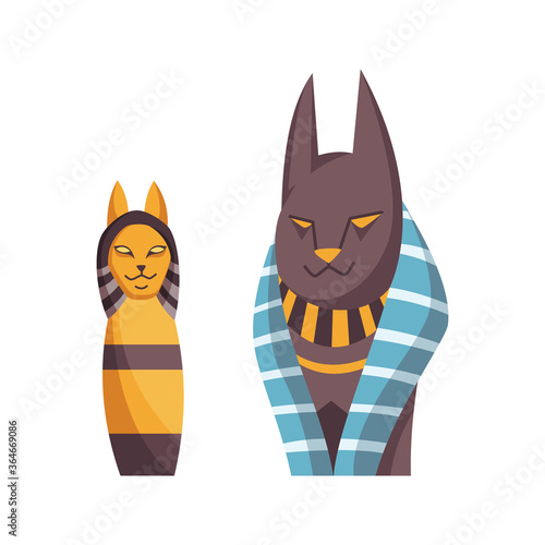 Egyptian cat. Bastet goddess. Black cat with golden necklace from ancient Egypt art. Cartoon realistic icon for design. Old style vector illustration isolated on white background