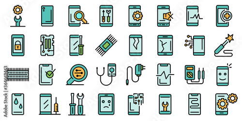 Mobile phone repair icons set. Outline set of mobile phone repair vector icons thin line color flat on white