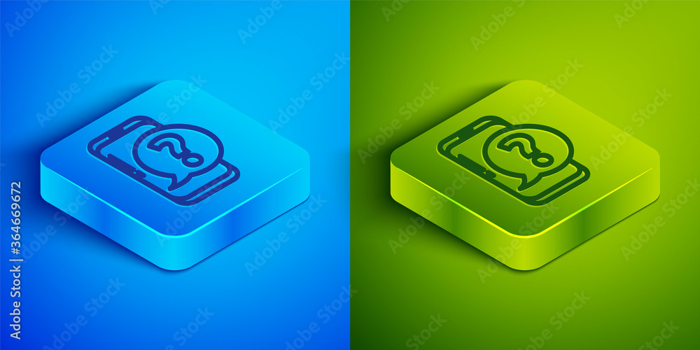 Isometric line Mobile phone with question icon isolated on blue and green background. Square button. Vector Illustration. Isometric line Mobile phone with question icon isolated on blue and green background. Square button. Vector Illustration.