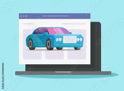 Car vehicle online service shop icon vector on laptop computer internet web page flat cartoon illustration, idea of automobile rental or buying digital electronic pc store