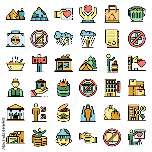 Homeless shelter icons set. Outline set of homeless shelter vector icons thin line color flat on white