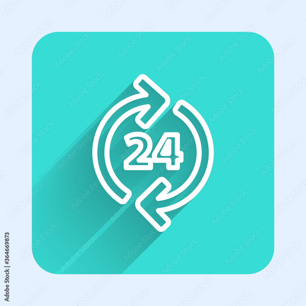 White line Telephone 24 hours support icon isolated with long shadow. All-day customer support call-center. Full time call services. Green square button. Vector Illustration. White line Telephone 24 hours support icon isolated with long shadow. All-day customer support call-center. Full time call services. Green square button. Vector Illustration.