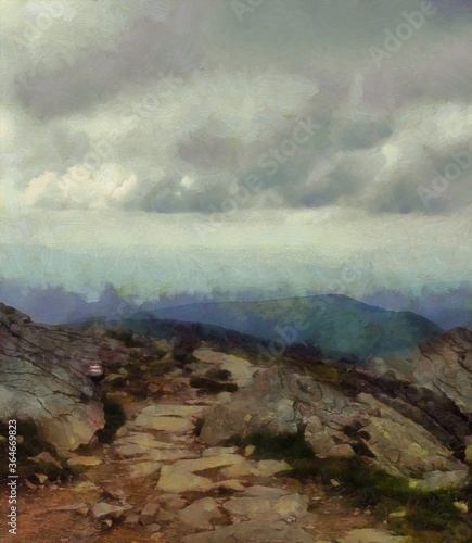 Digital painting nature landscape artwork. Mountains scenery art. Designe print.