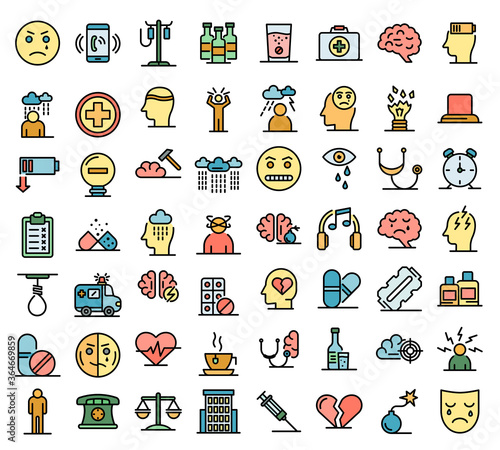 Depression icons set. Outline set of depression vector icons thin line color flat on white