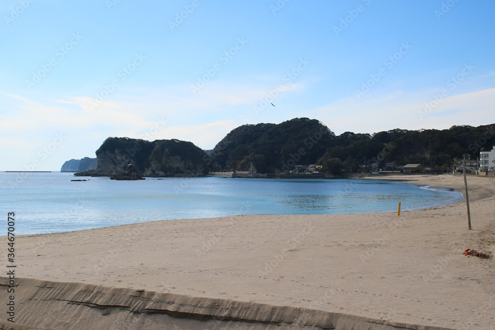 Moriya Beach is a beach located in Katsuura City, Chiba Prefecture. It has a small island with a red Japanese gate on it. The beach is popular with people from Tokyo in the summer.