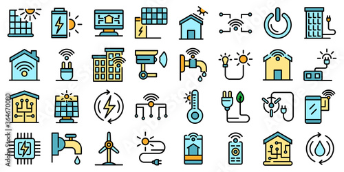 Autonomous house icons set. Outline set of autonomous house vector icons thin line color flat on white