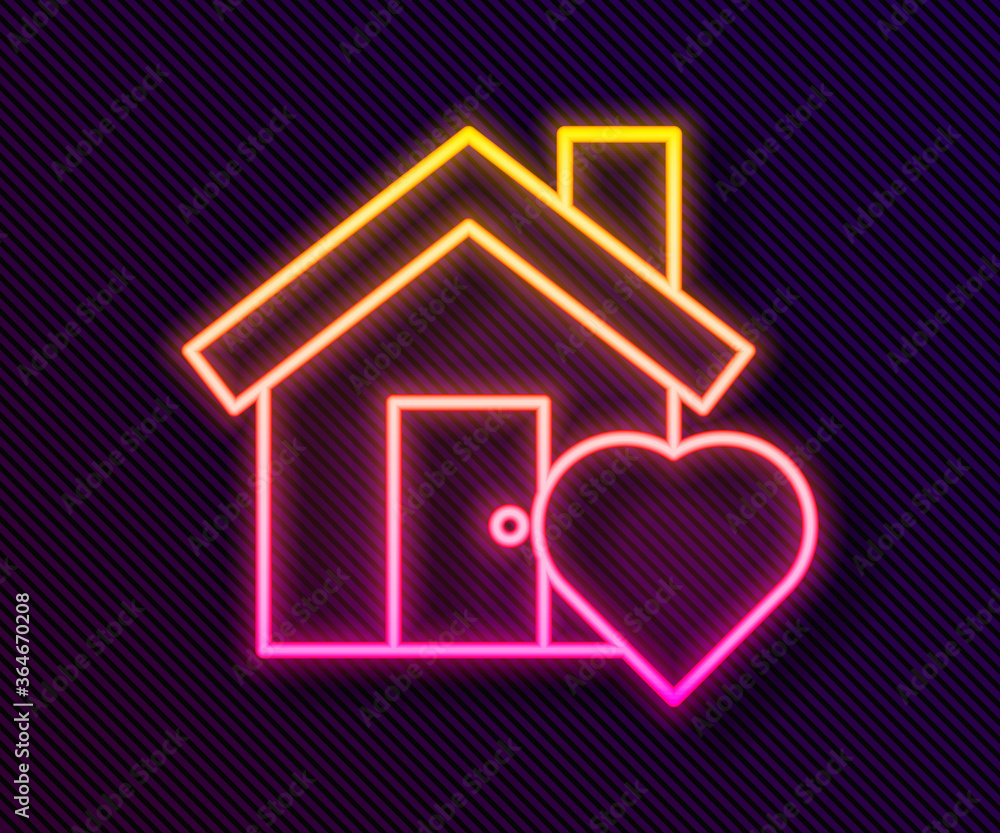 Glowing neon line House with heart shape icon isolated on black background. Love home symbol. Family, real estate and realty. Vector Illustration.