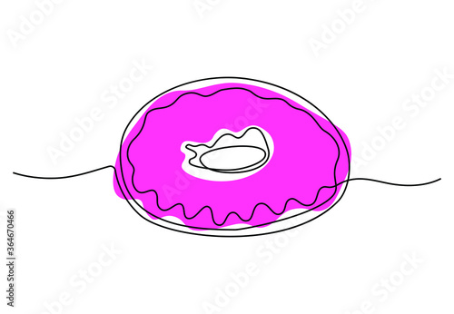 Continuous one line drawing of donut with pink glaze for restaurant logo emblem, fast food concept. Doughnut cafe shop logotype. Vector cartoon illustration