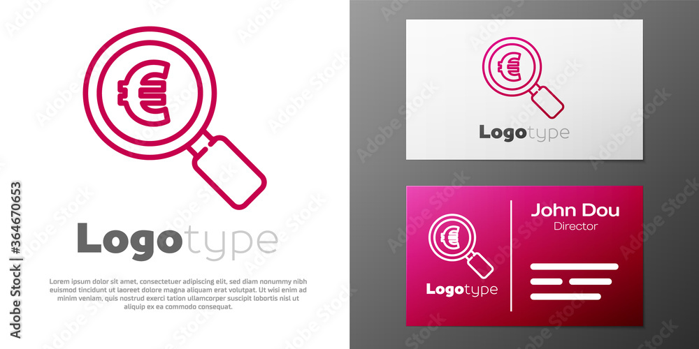 Logotype line Magnifying glass and euro symbol icon isolated on white background. Find money. Looking for money. Logo design template element. Vector Illustration.