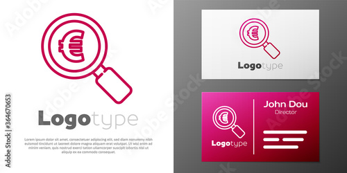 Logotype line Magnifying glass and euro symbol icon isolated on white background. Find money. Looking for money. Logo design template element. Vector Illustration.