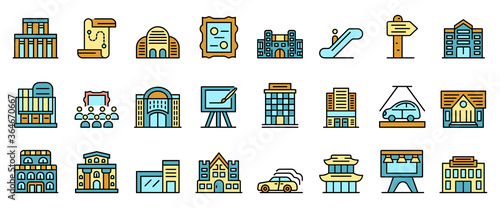 Exhibition center icons set. Outline set of exhibition center vector icons thin line color flat on white
