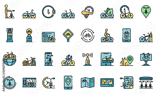 Rent a bike icons set. Outline set of rent a bike vector icons thin line color flat on white