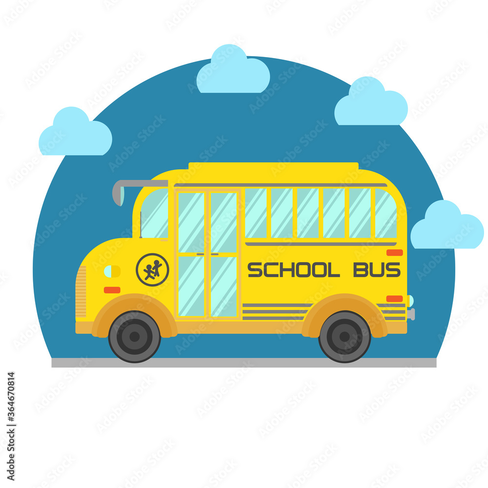 Yellow school bus isolated on white background. Vector flat illustration.