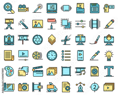 Editor icons set. Outline set of editor vector icons thin line color flat on white
