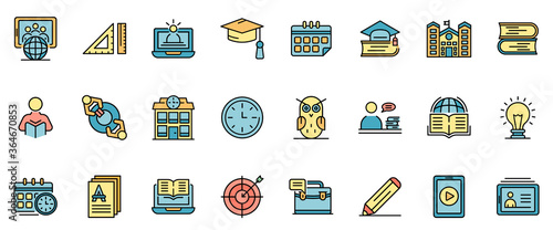 Tutor icons set. Outline set of tutor vector icons thin line color flat on white