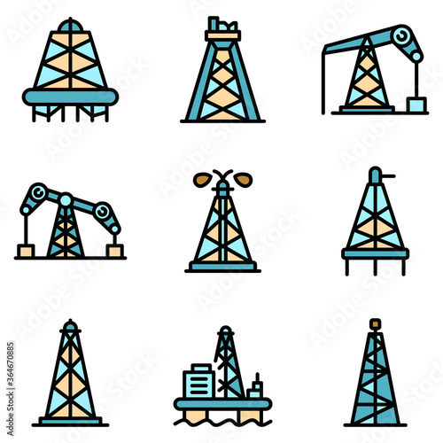 Derrick oil icons set. Outline set of derrick oil vector icons thin line color flat on white