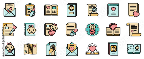 Certificate of birth icons set. Outline set of certificate of birth vector icons thin line color flat on white
