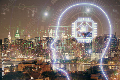 Brain hologram drawing on city scape background Double exposure. Brainstorming concept.