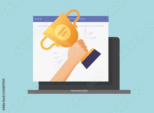 Award online web vector icon on computer or digital internet website winner prize achievement, victory golden cup trophy flat cartoon, concept of championship competition gift, contest challenge win